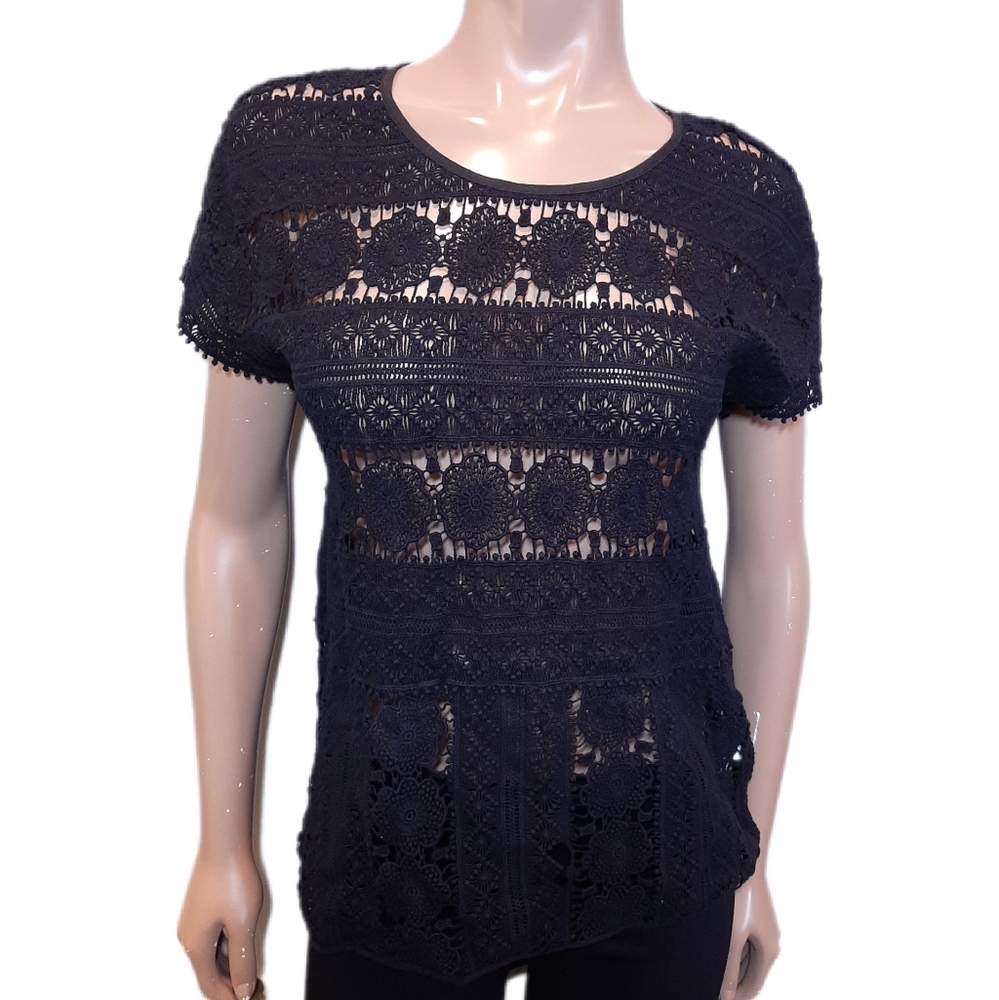 Lili's Closet Boho Crochet Lace Top Sheer Short Sleeve Size XS Goth Festival